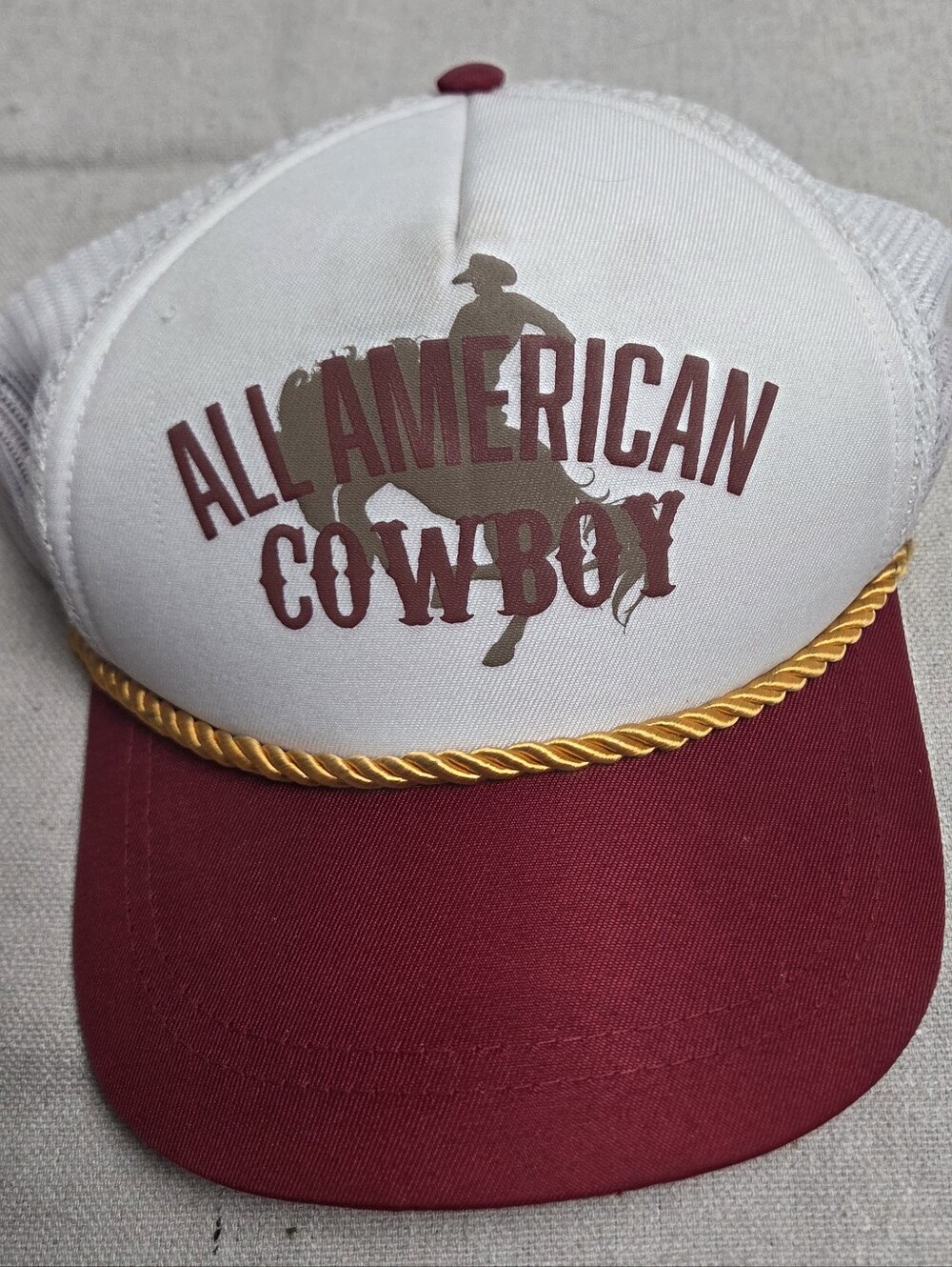 Maroon and White Trucker Hat with Gold Rope